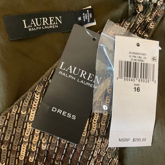 Ralph Lauren Sequined Mini Shift Cocktail Dress Size 16 Bronzed Green Sleeveless - Picture 10 of 14